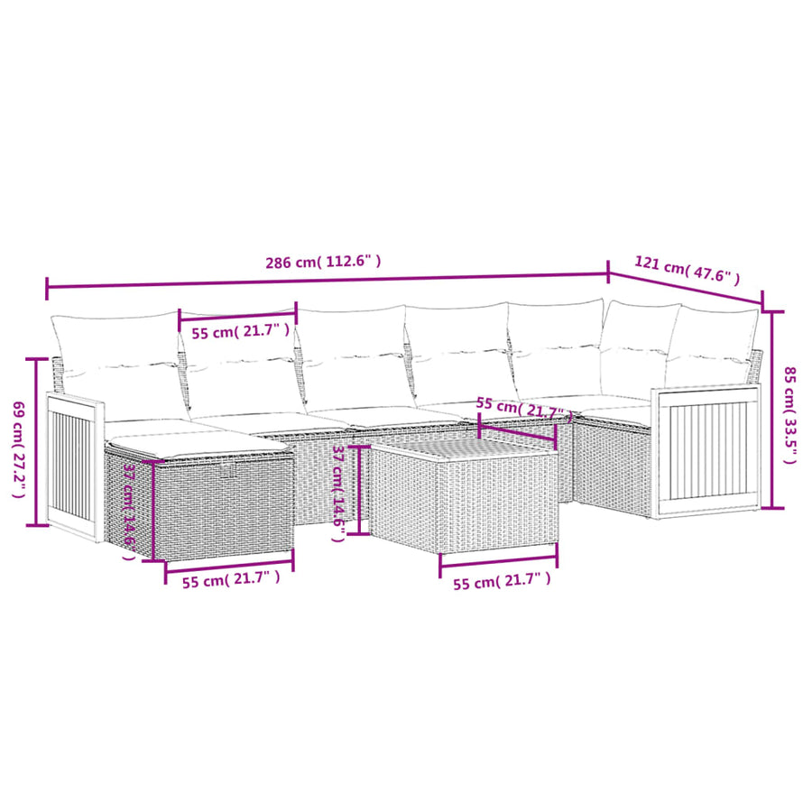 8-delige Loungeset met kussens poly rattan zwart