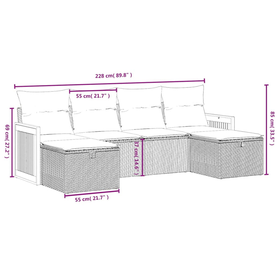 6-delige Loungeset met kussens poly rattan beige