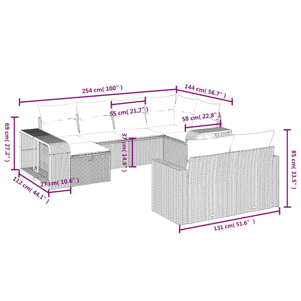 10-delige Loungeset met kussens poly rattan zwart