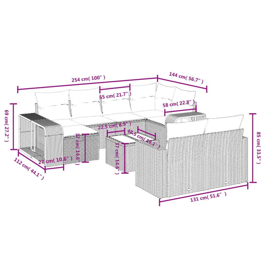 11-delige Loungeset met kussens poly rattan zwart