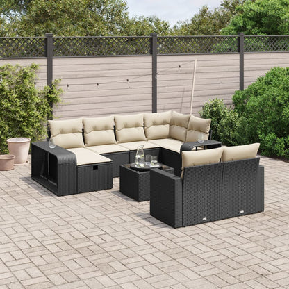 11-delige Loungeset met kussens poly rattan zwart