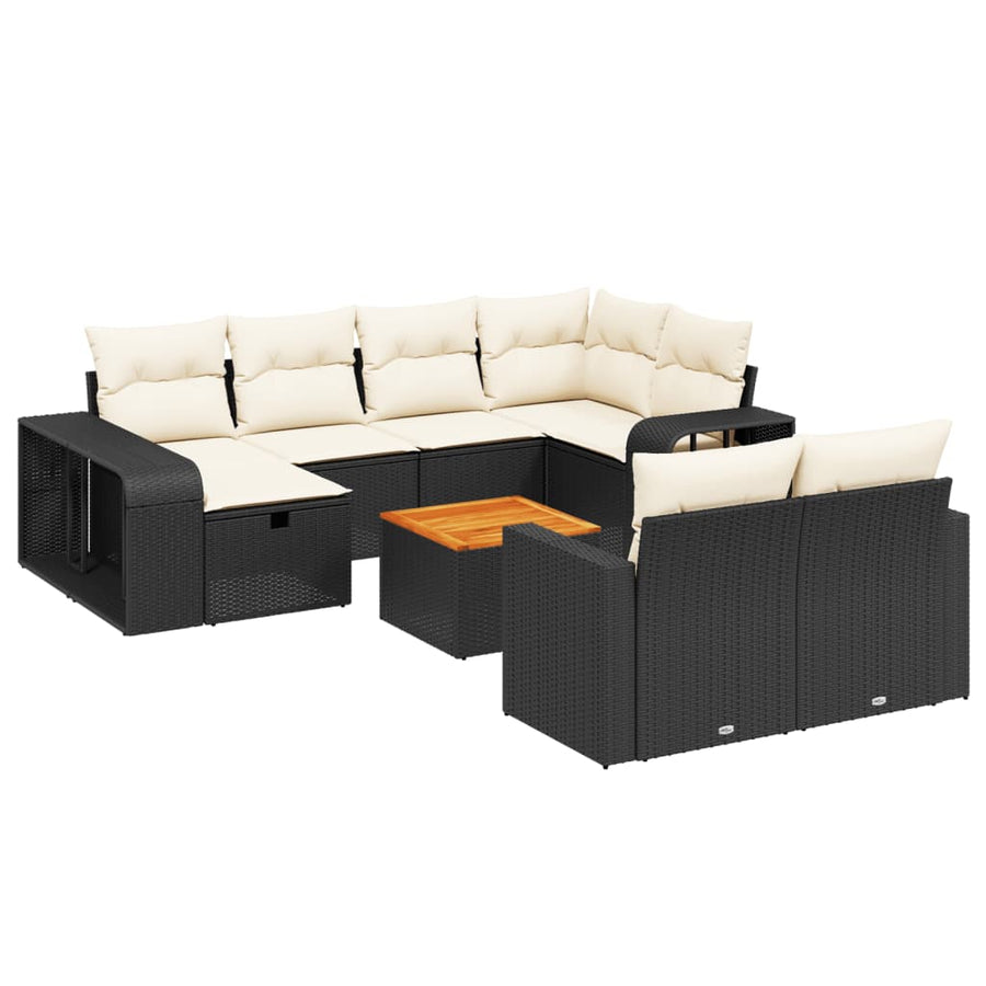 11-delige Loungeset met kussens poly rattan zwart