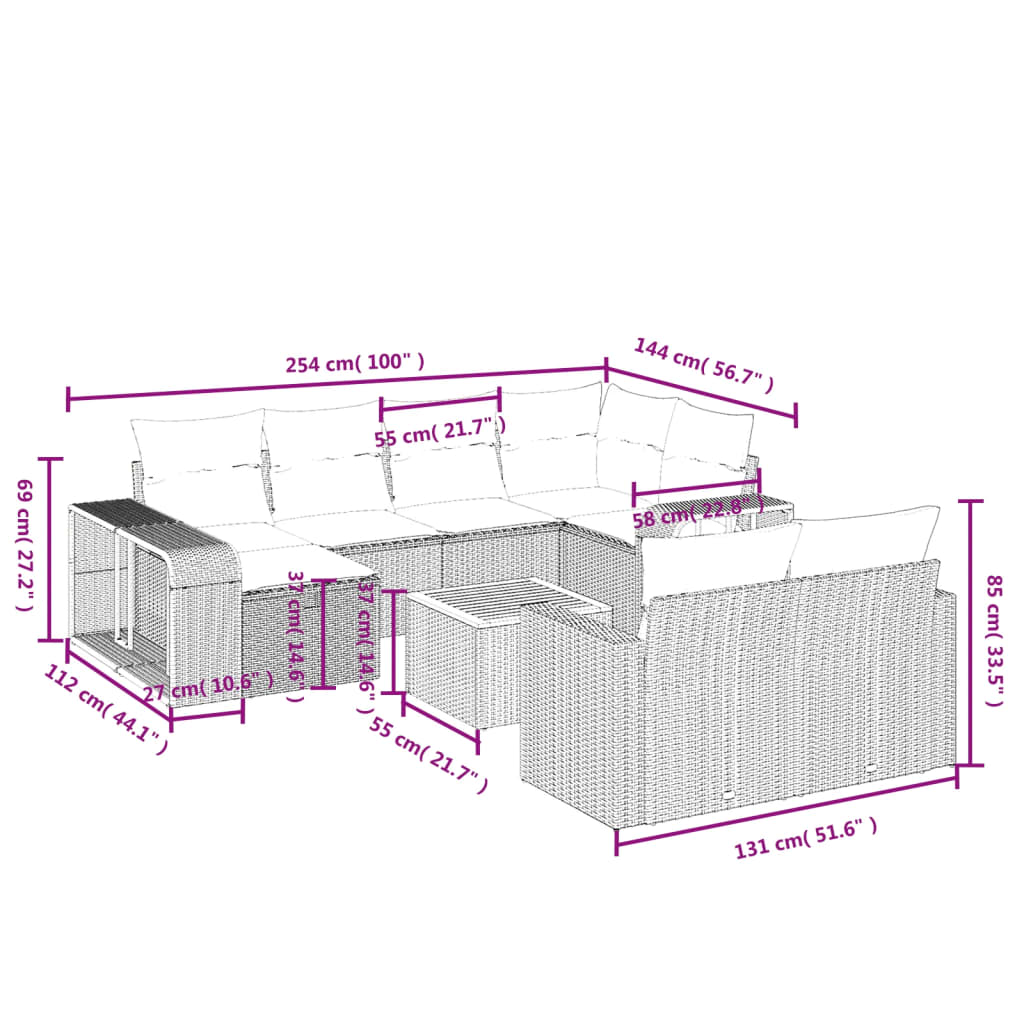 11-delige Loungeset met kussens poly rattan zwart