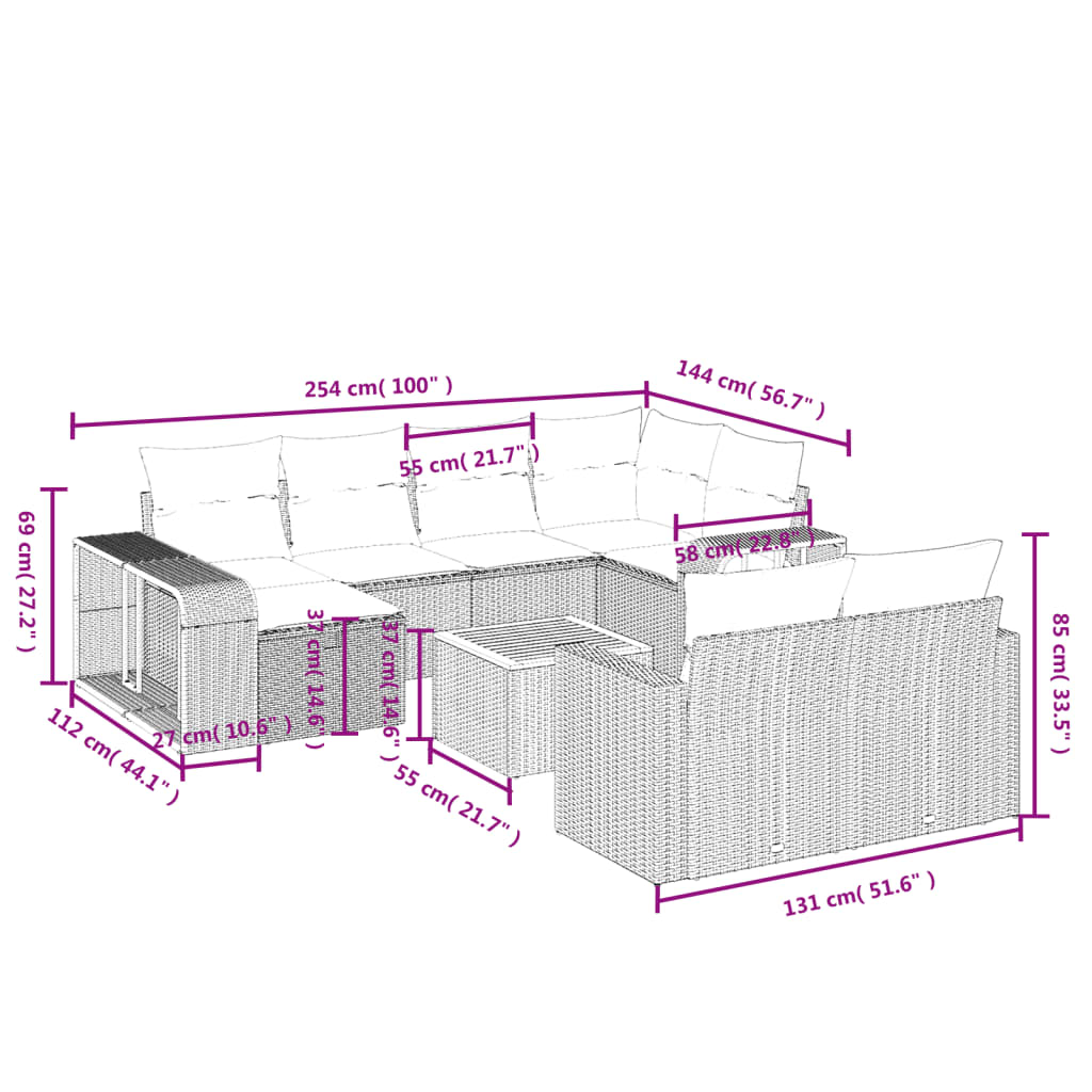 11-Delige Loungeset Met Kussens Poly Rattan Grijs