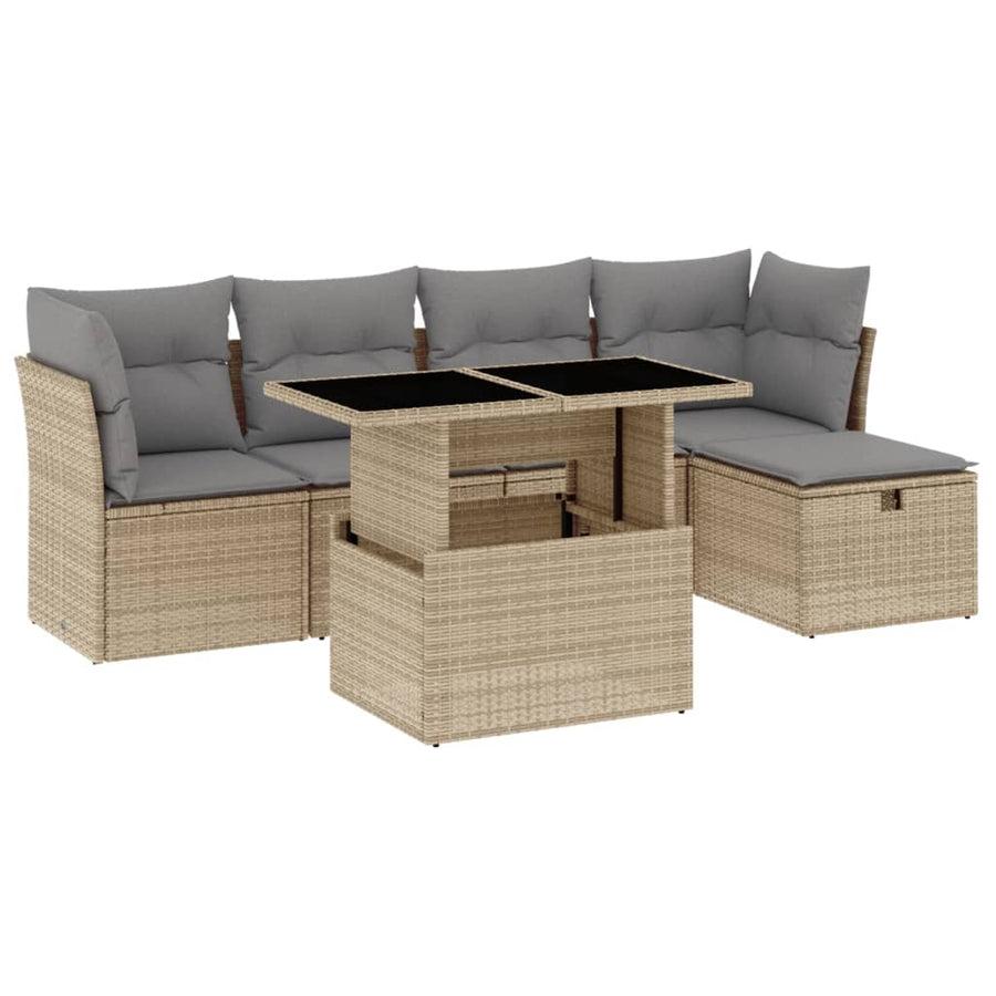 6-delige Loungeset met kussens poly rattan beige