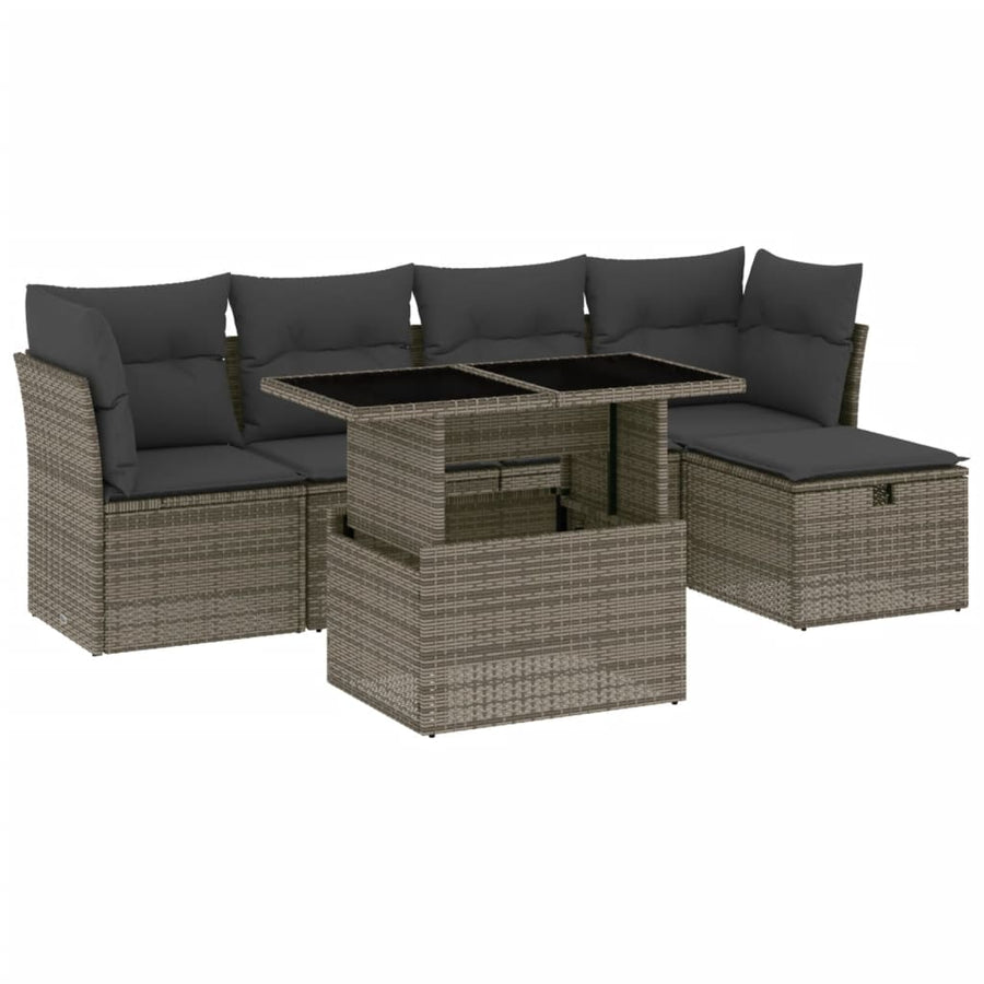 6-delige Loungeset met kussens poly rattan grijs