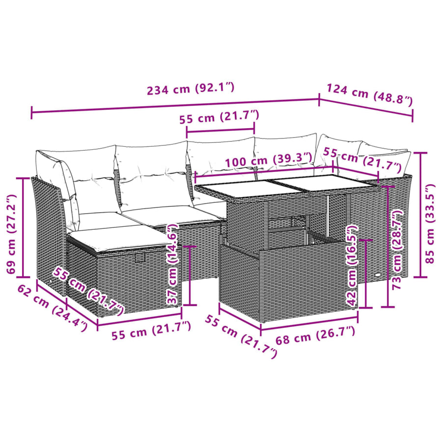 7-delige Loungeset met kussens poly rattan zwart