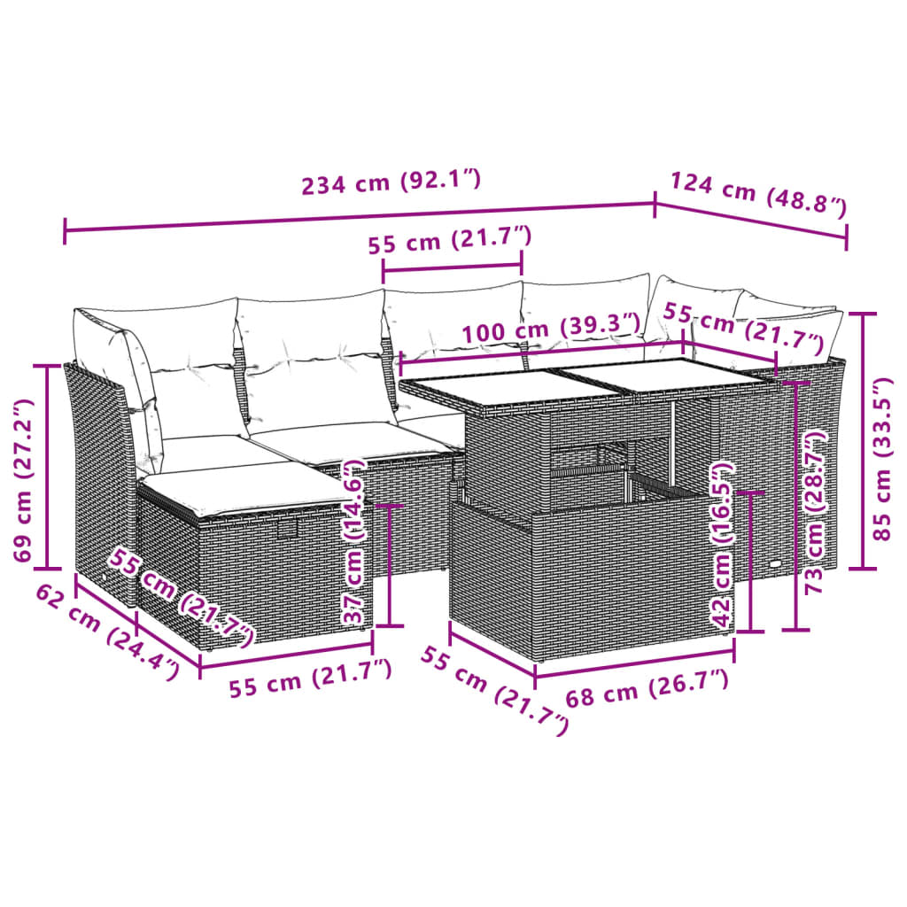 7-delige Loungeset met kussens poly rattan zwart