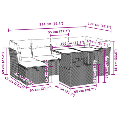 7-delige Loungeset met kussens poly rattan zwart
