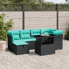 7-piece garden sofa set with cushions in black poly rattan