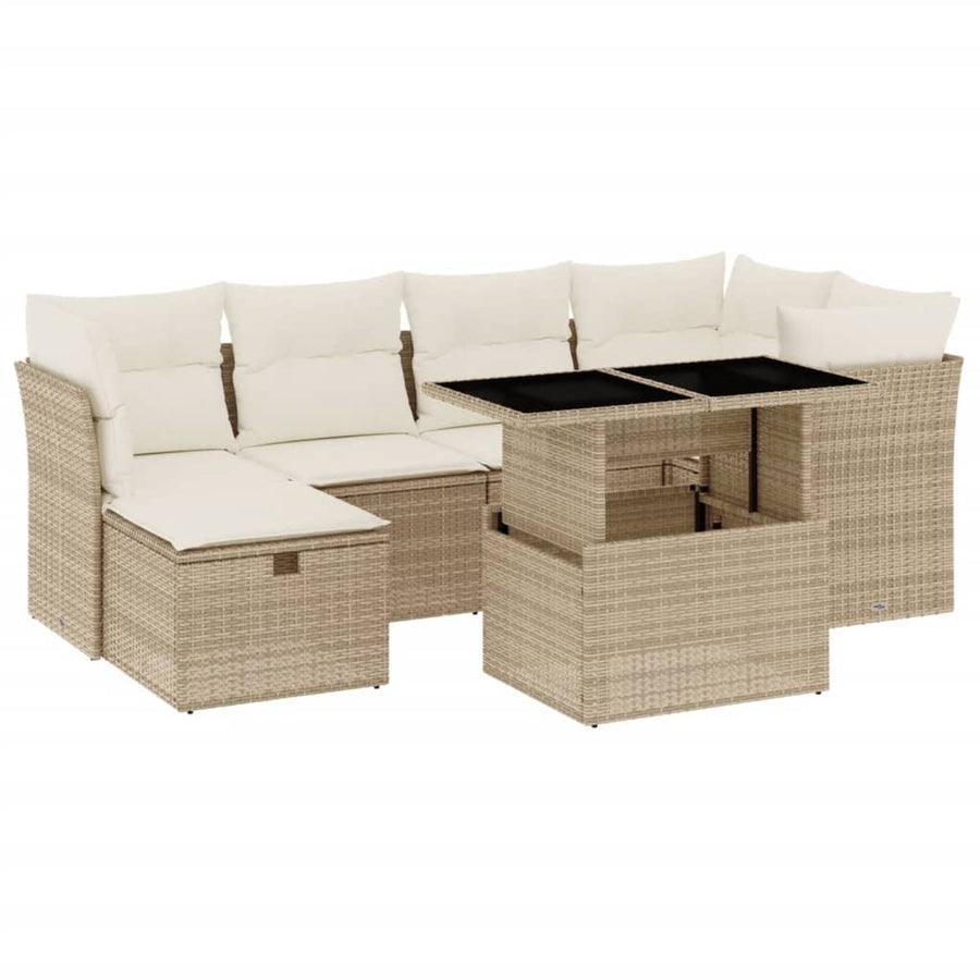 7-delige Loungeset met kussens poly rattan beige