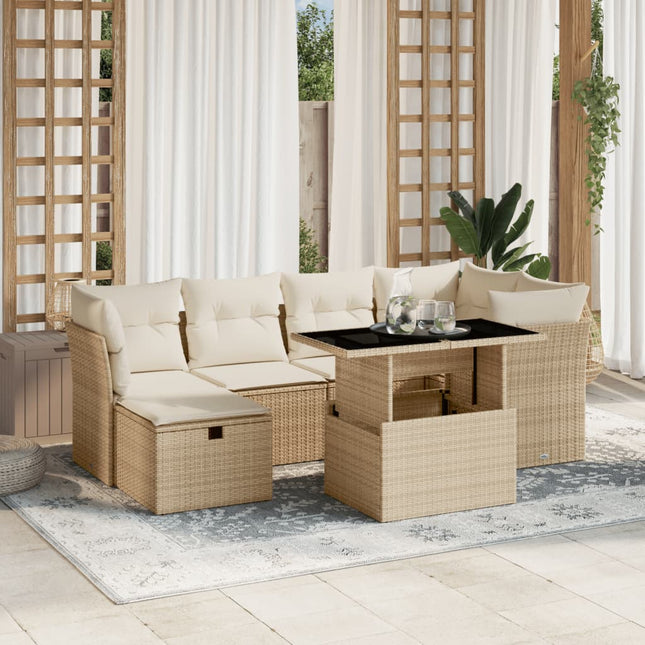 7-delige Loungeset met kussens poly rattan beige