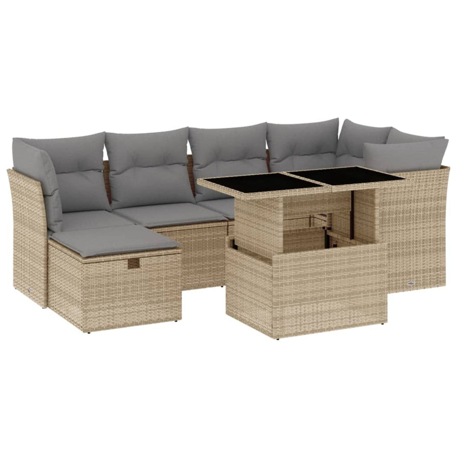 7-delige Loungeset met kussens poly rattan beige