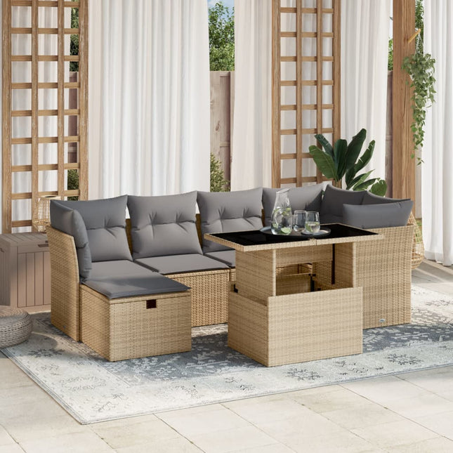 7-delige Loungeset met kussens poly rattan beige