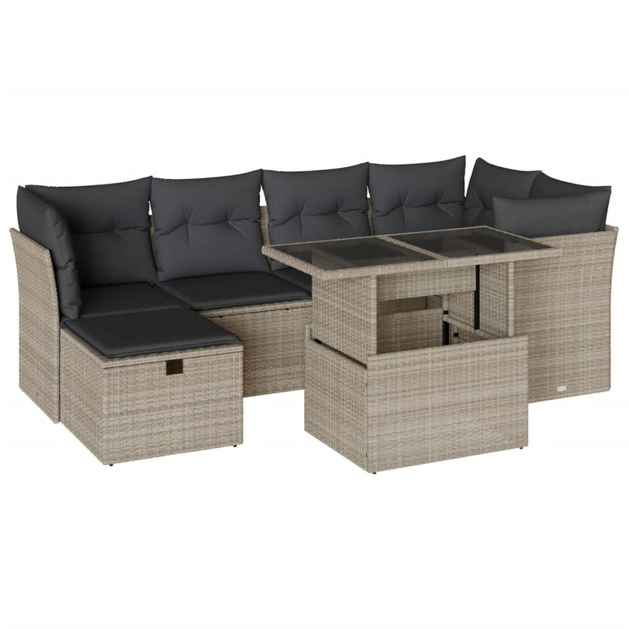 7-delige Loungeset met kussens poly rattan lichtgrijs
