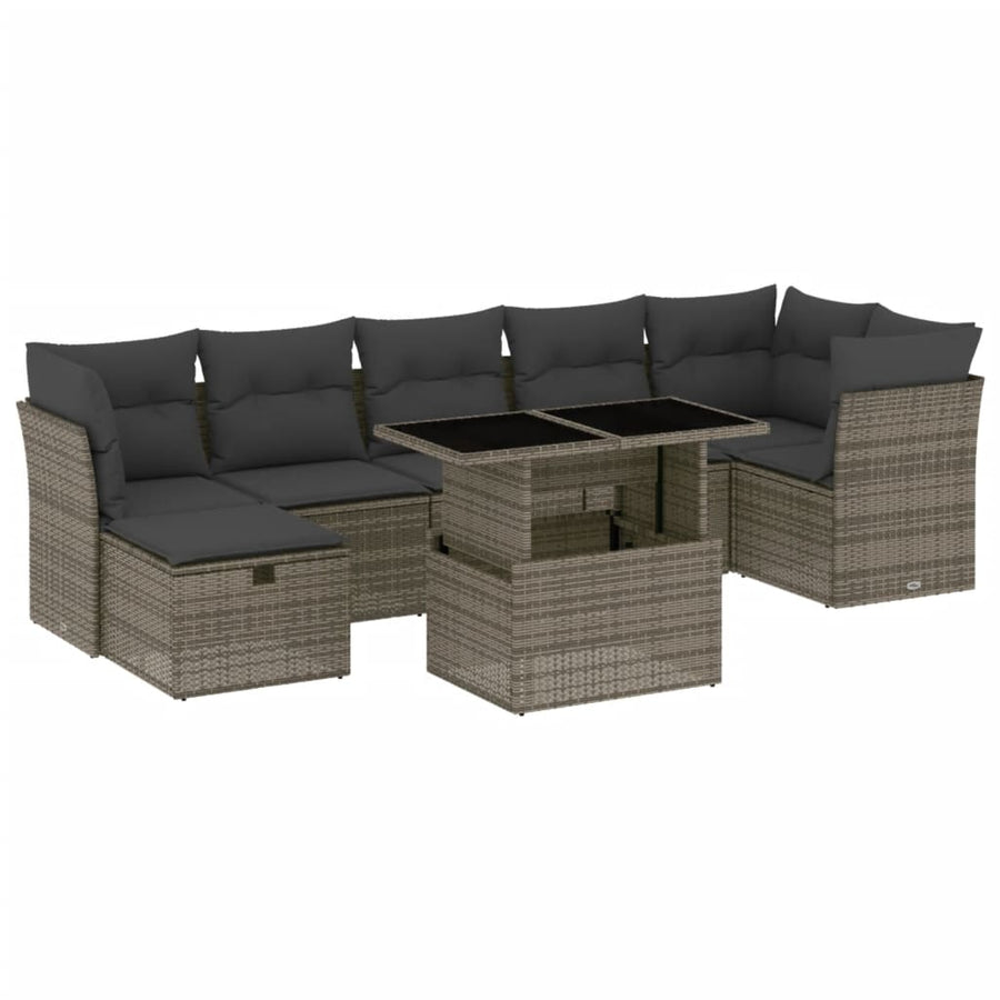 8-delige Loungeset met kussens poly rattan grijs