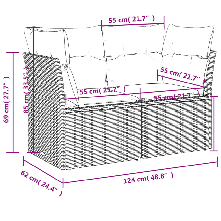 8-delige Loungeset met kussens poly rattan grijs