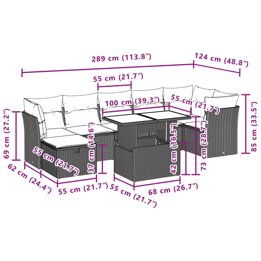 8-delige Loungeset met kussens poly rattan grijs