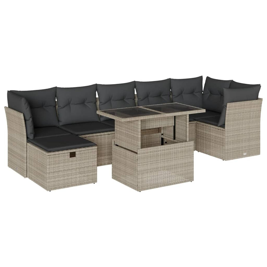 8-delige Loungeset met kussens poly rattan lichtgrijs