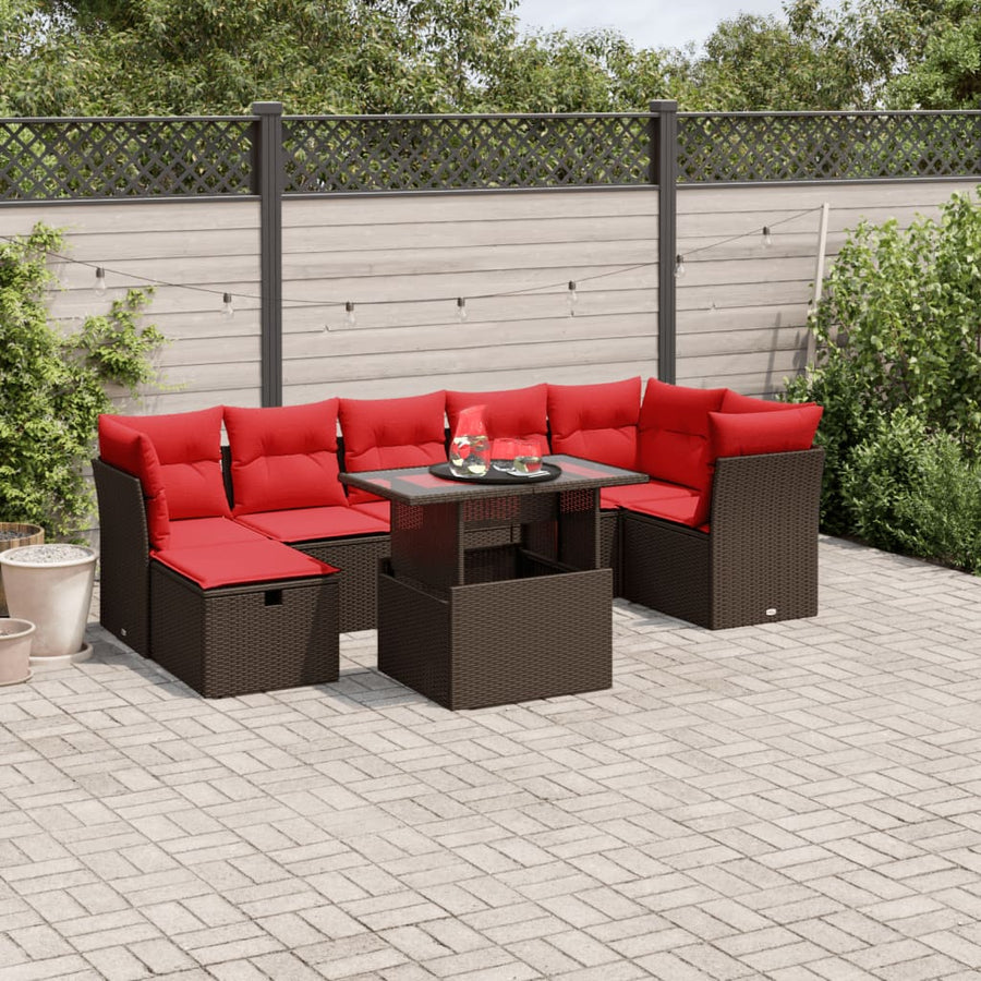 8-delige tuinbankset met kussens, bruin polyrotan