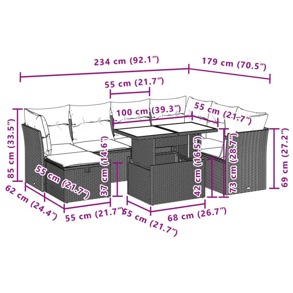 8-delige Loungeset met kussens poly rattan zwart