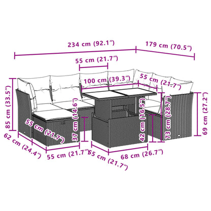 8-delige Loungeset met kussens poly rattan zwart