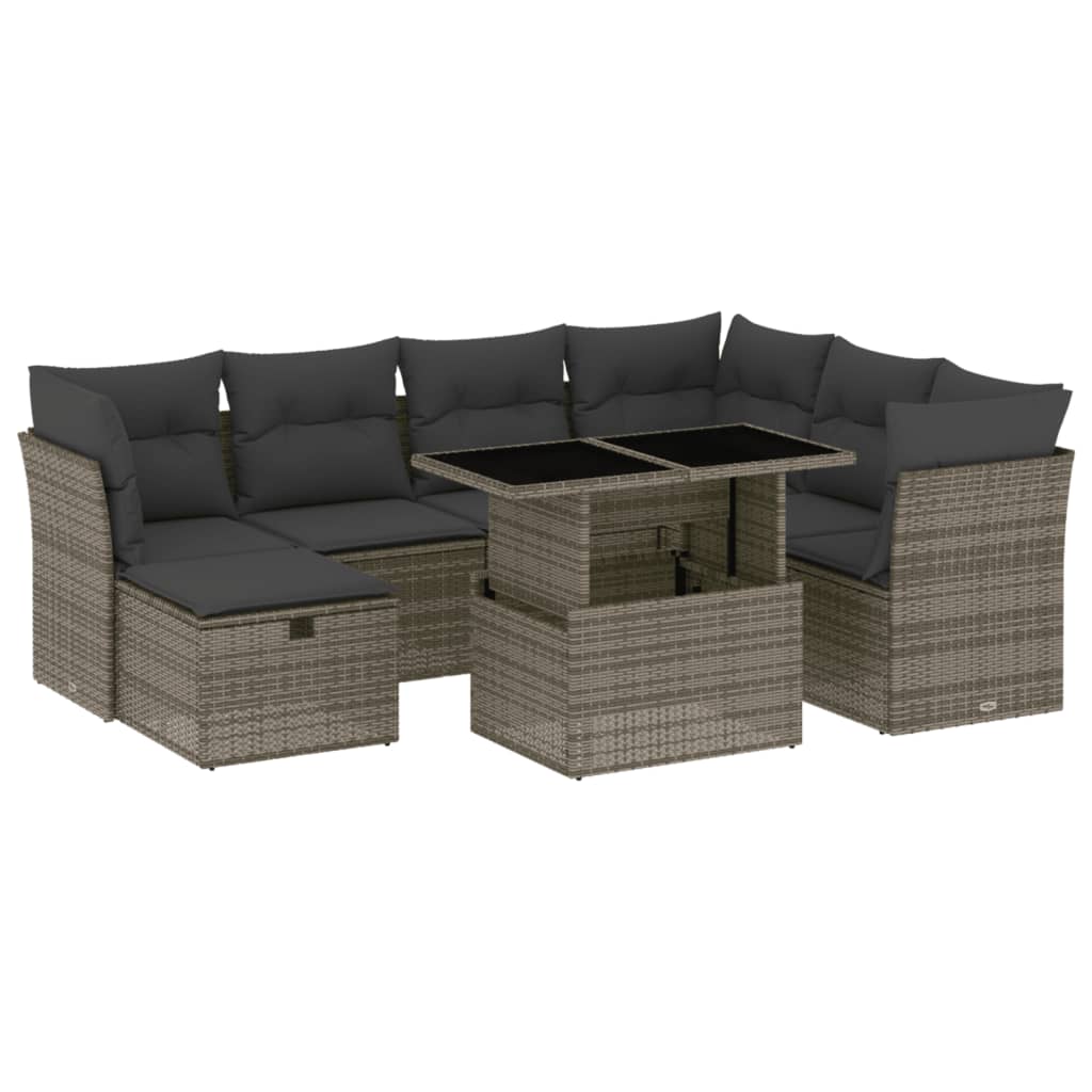 8-delige Loungeset met kussens poly rattan grijs