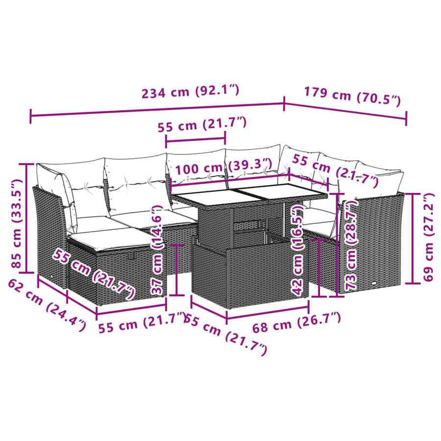 8-delige Loungeset met kussens poly rattan grijs