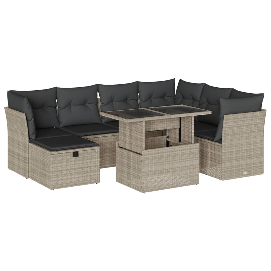 8-delige Loungeset met kussens poly rattan lichtgrijs