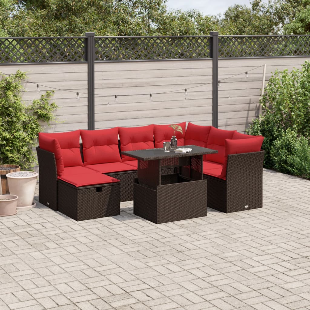 8-delige tuinbankset met kussens, bruin polyrotan