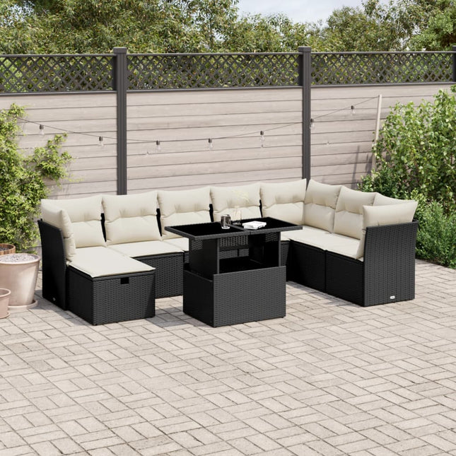 9-delige Loungeset met kussens poly rattan zwart