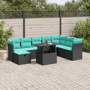 9-piece garden sofa set with cushions in black poly rattan