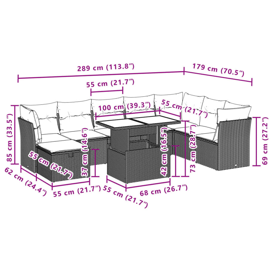 9-delige Loungeset met kussens poly rattan beige