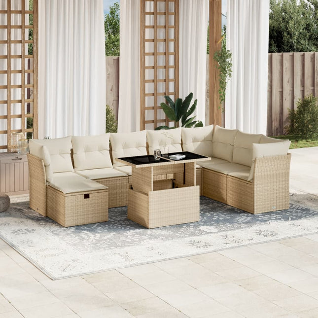 9-delige Loungeset met kussens poly rattan beige