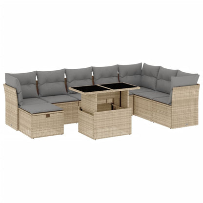 9-delige Loungeset met kussens poly rattan beige