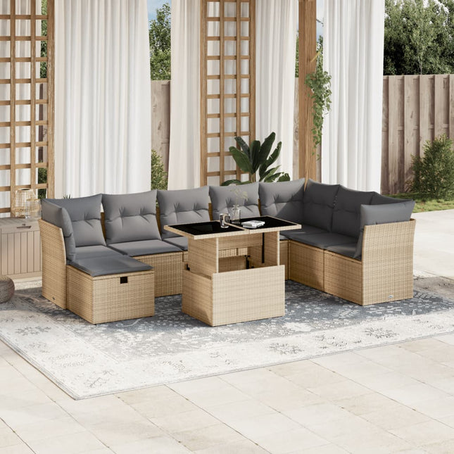 9-delige Loungeset met kussens poly rattan beige