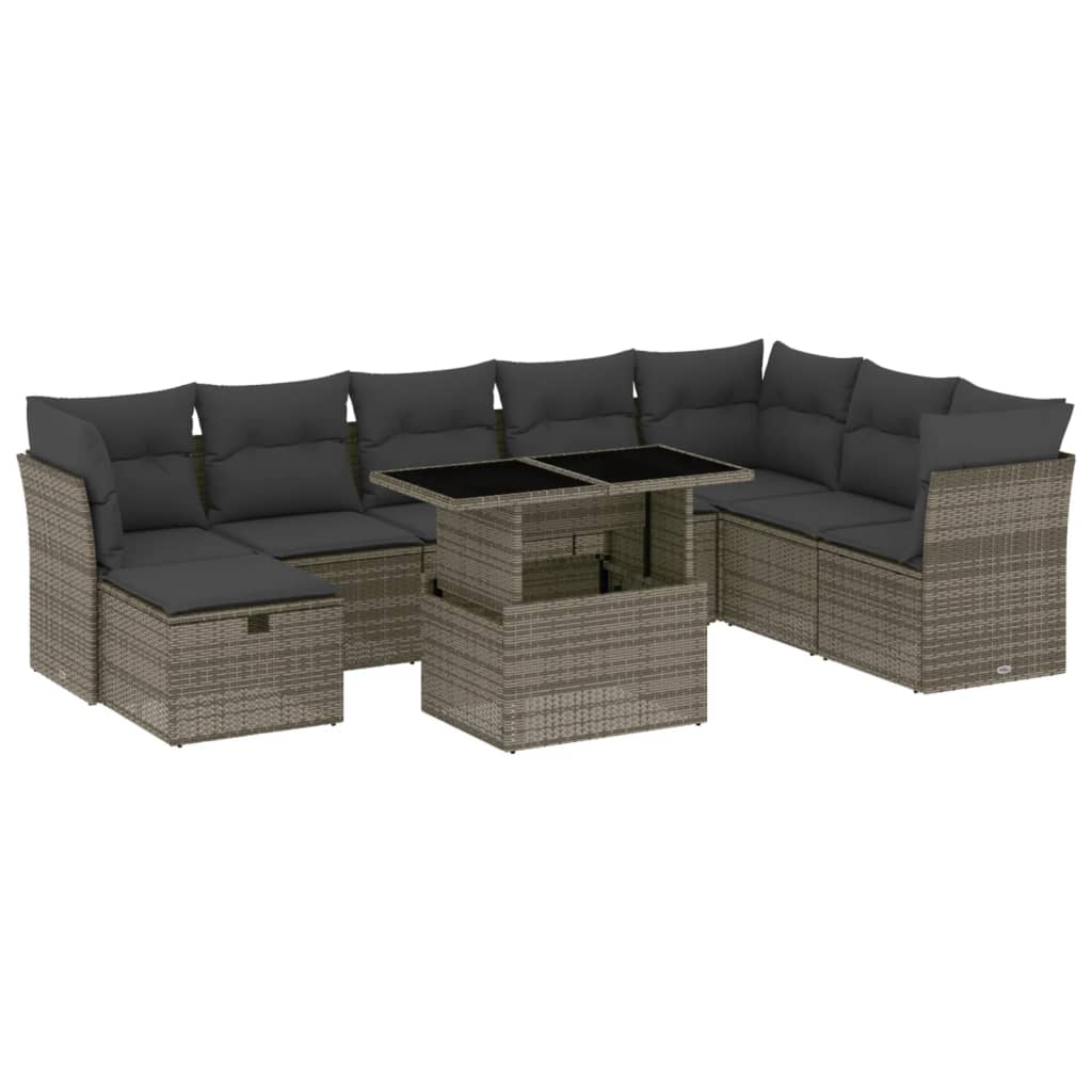 9-delige Loungeset met kussens poly rattan grijs