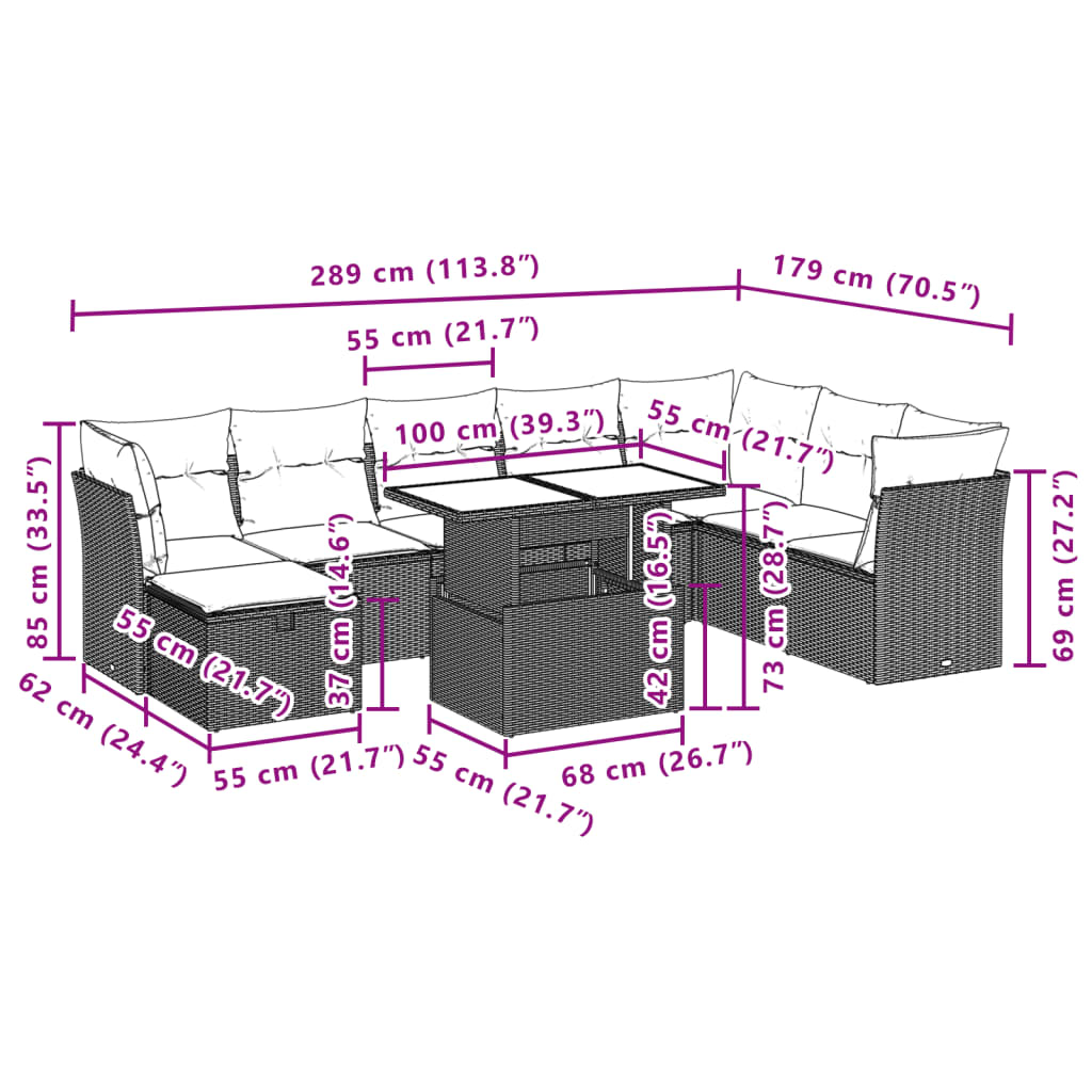 9-delige Loungeset met kussens poly rattan grijs