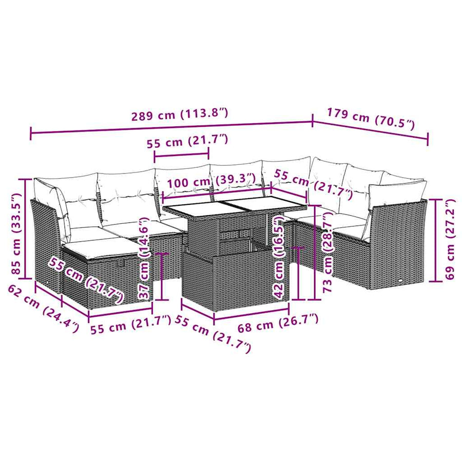 9-delige tuinbankset met kussens, grijs polyrotan