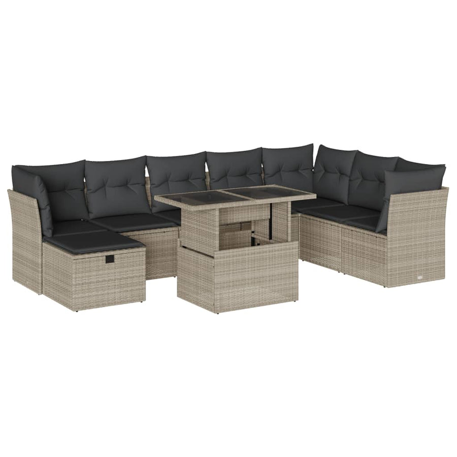 9-delige Loungeset met kussens poly rattan lichtgrijs