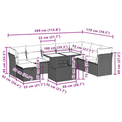 9-delige Loungeset met kussens poly rattan lichtgrijs