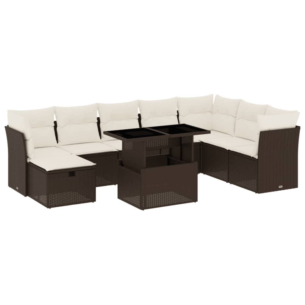 9-delige Loungeset met kussens poly rattan bruin
