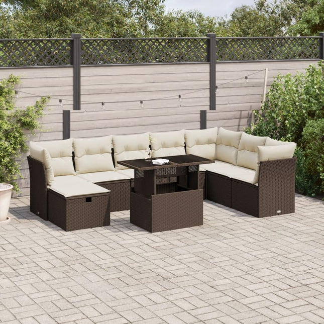 9-delige Loungeset met kussens poly rattan bruin