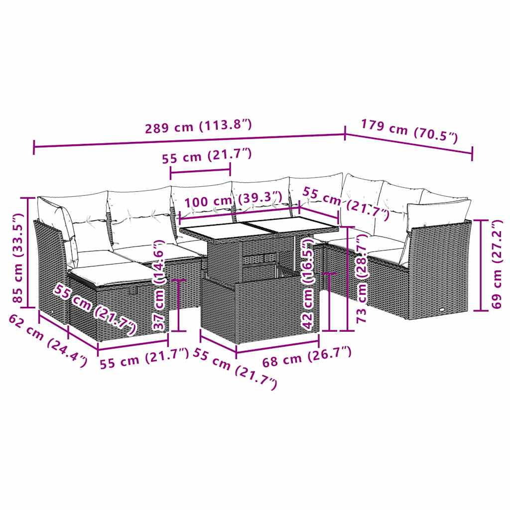 9-delige tuinbankset met kussens, bruin polyrotan