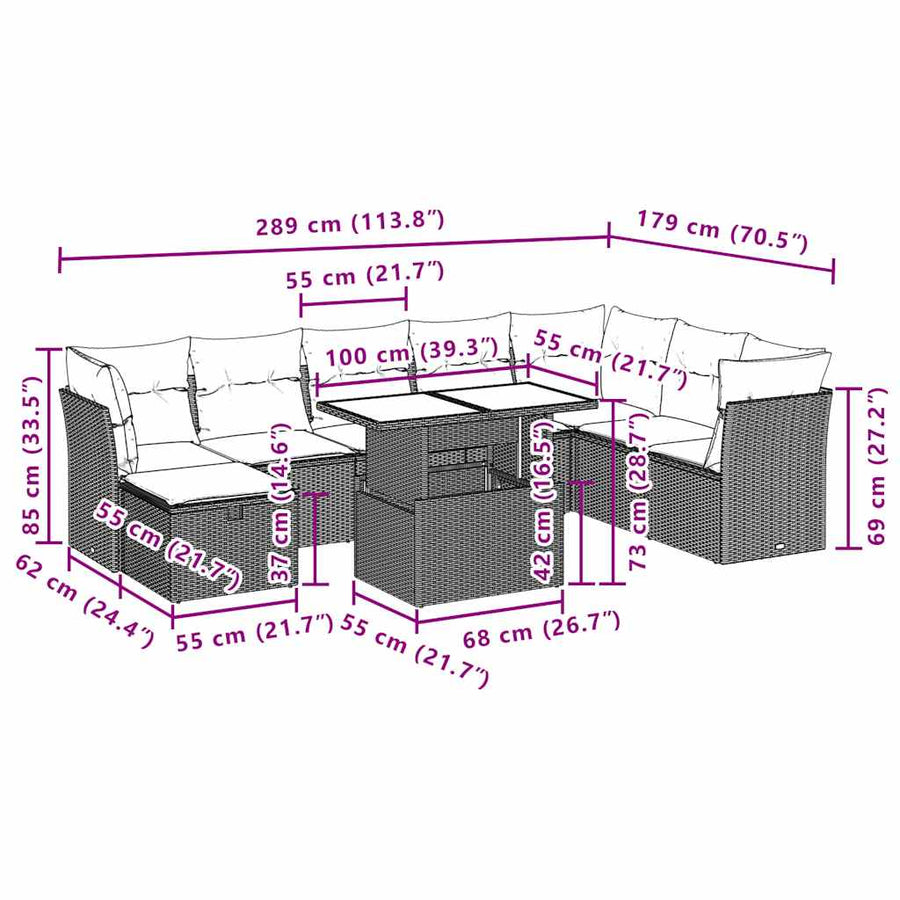 9-delige tuinbankset met kussens, bruin polyrotan
