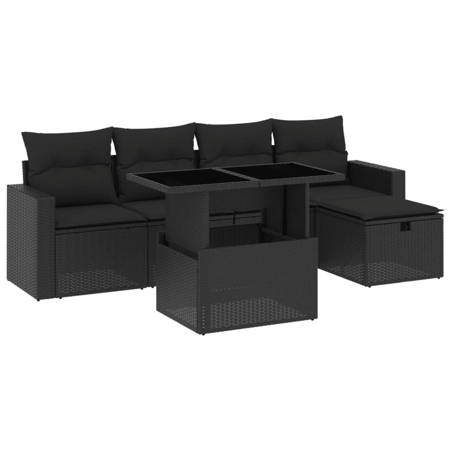 6-delige Loungeset met kussens poly rattan zwart