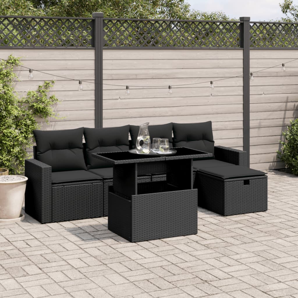 6-delige Loungeset met kussens poly rattan zwart