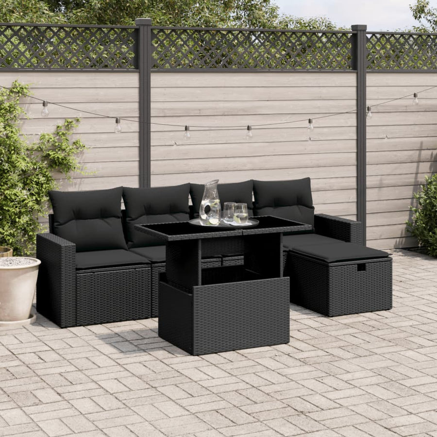 6-delige Loungeset met kussens poly rattan zwart