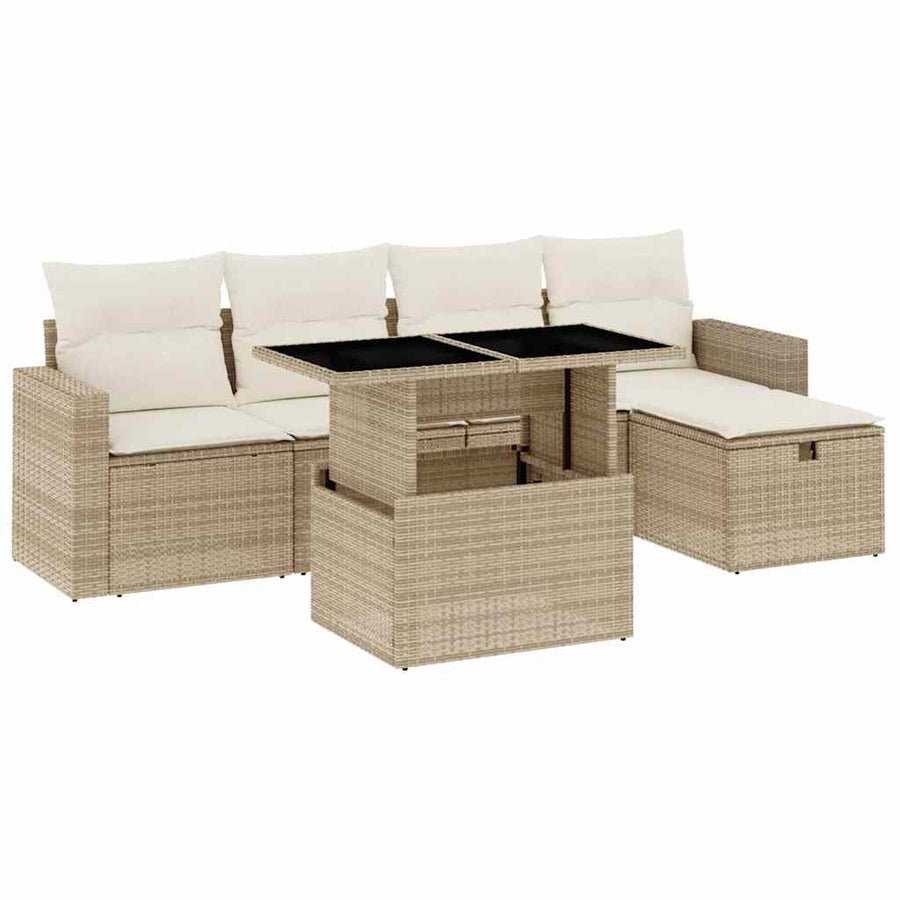 6-delige Loungeset met kussens poly rattan beige
