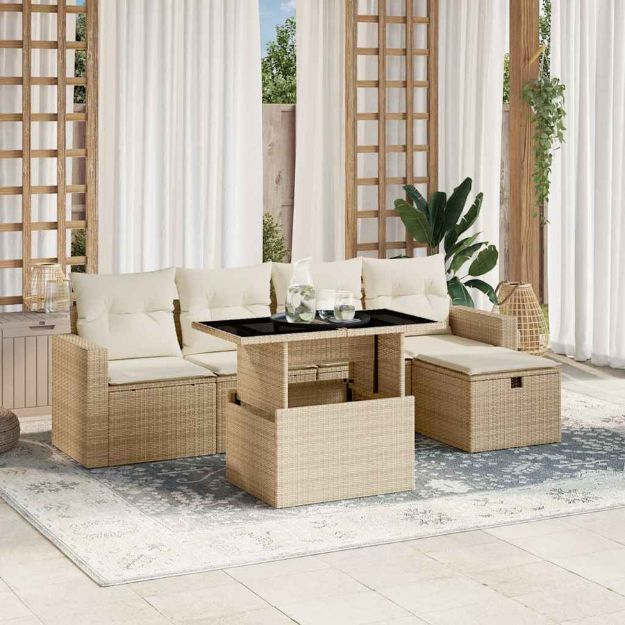 6-delige Loungeset met kussens poly rattan beige